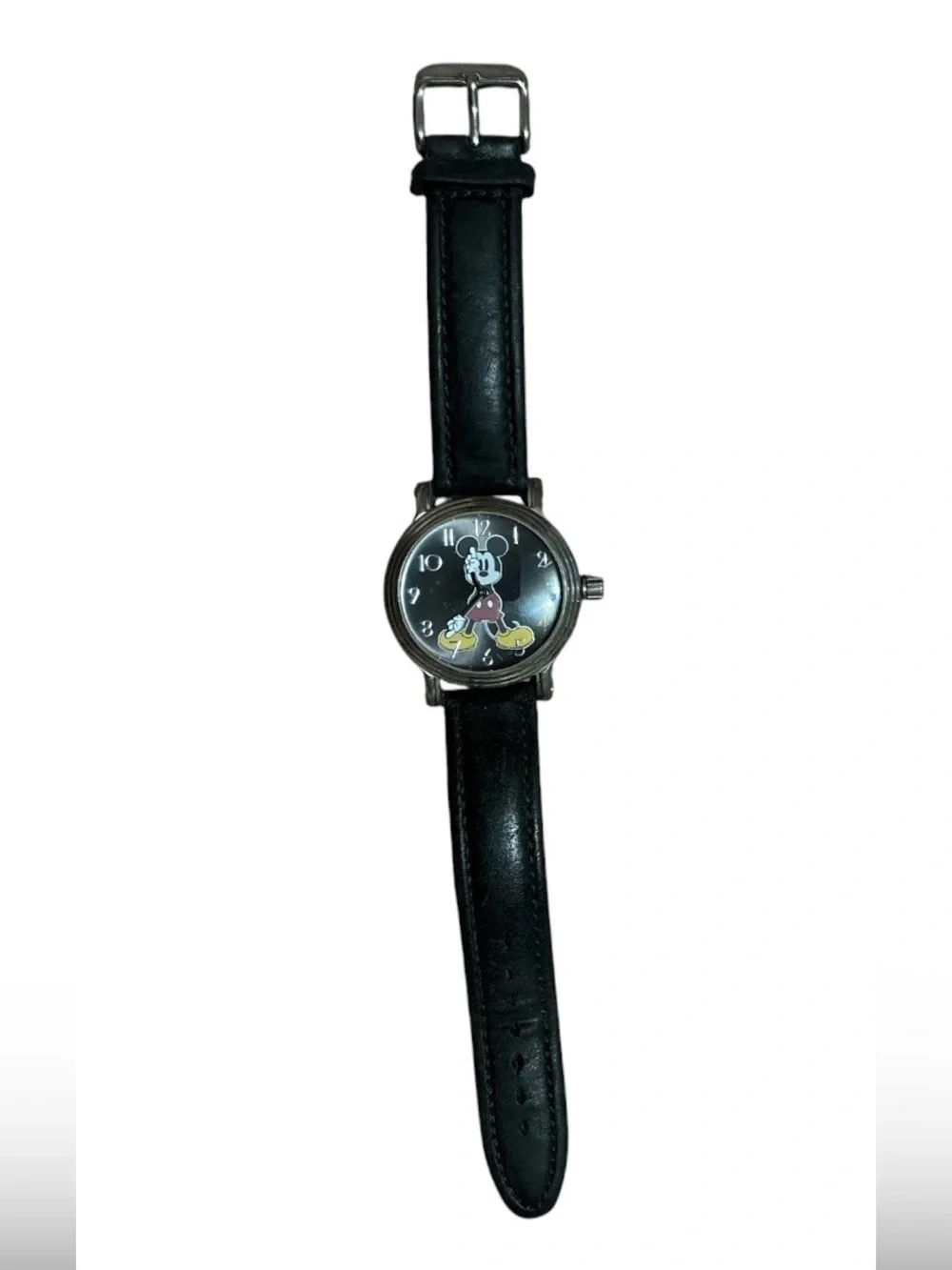 Vintage Mickey Mouse Black Leather Strap Watch - Unisex